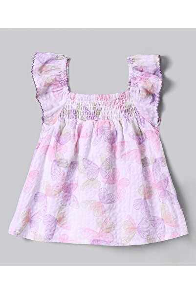 Bonfino Bonfino Sleeveless Butterflies Printed & Smocking Detailed Top & Shorts Co-Ord Set - Light Pink