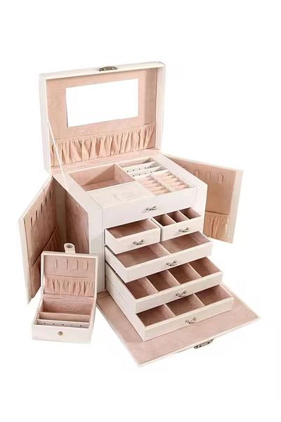 COOYA Jewellery Packaging Box, Premium PU Leather with 8 Hooks and 2 Storage Pouches, White