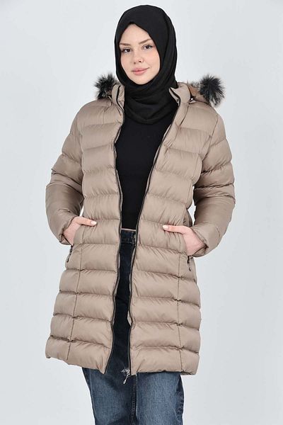 S&V TEKSTİL Women's Cream Hijab Inflatable Coat Coat