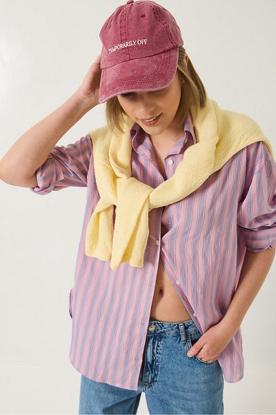 Bianco Lucci Women's Single Pocket Detailed Striped Oversize Shirt 8368 60283103