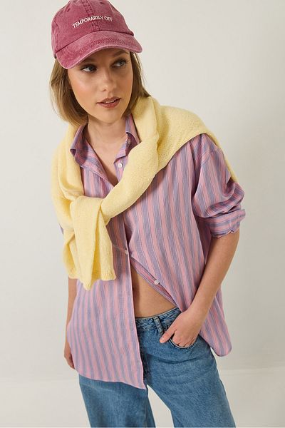 Bianco Lucci Women's Single Pocket Detailed Striped Oversize Shirt 8368 60283103