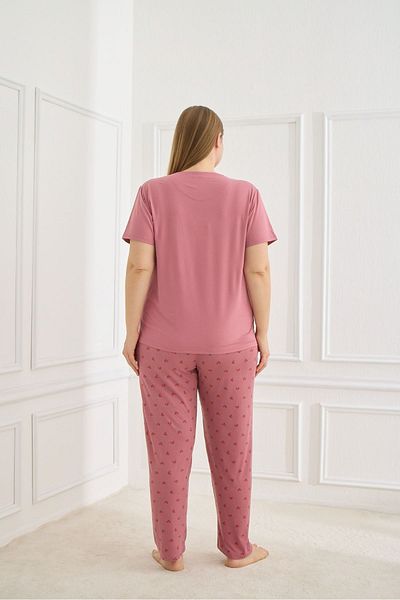 Burcumay Pink & Cherry Patterned Short Sleeve Women's Pajamas Large Size Fitting and Textureless Milan Fabric