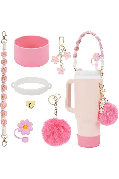 COOYA Cup Accessory Set,with Water Bottle Handle Strap,Cup Sheath,Straw Sleeve,Cup Charms,Pink