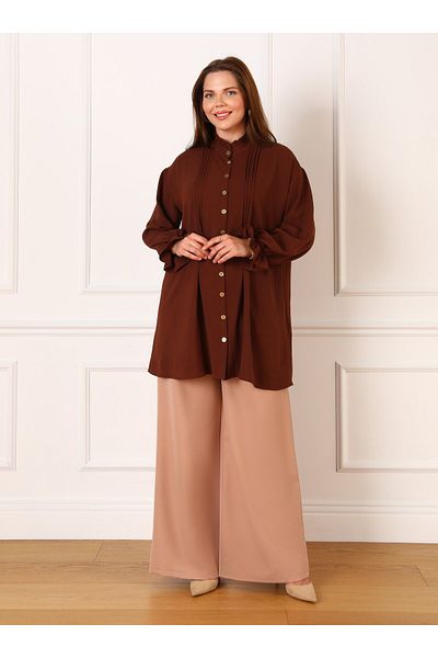 ALİA Plus Size Ruffle Collar Aerobin Tunic - Bitter Brown - Alia