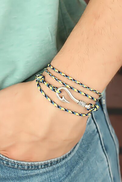 soonaksesuar Yellow Blue Line Patterned Silver Color Metal Hook Men's Bracelet