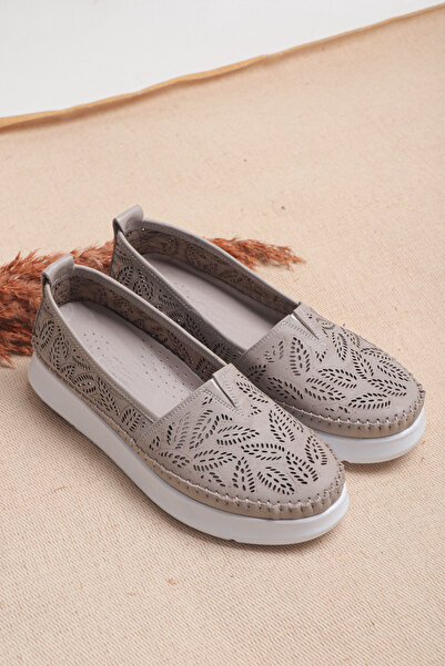 Ayakkabı Vakti Pantofi casual de balerină de damă, perforați, din piele naturală, cu talpă groasă