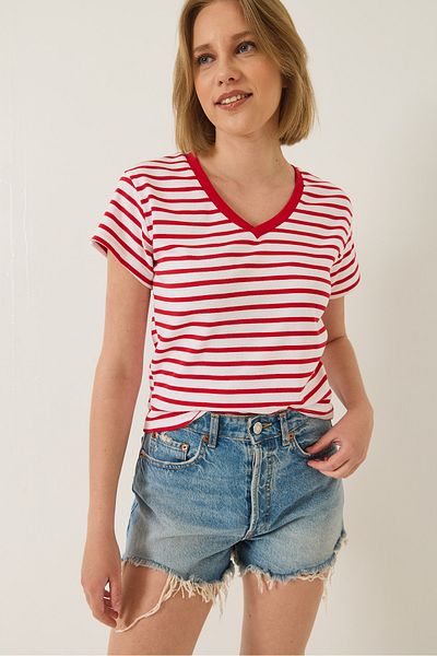 Bianco Lucci Damen-T-Shirt mit V-Ausschnitt und gestreiftem, bequemem Schnitt 60283205