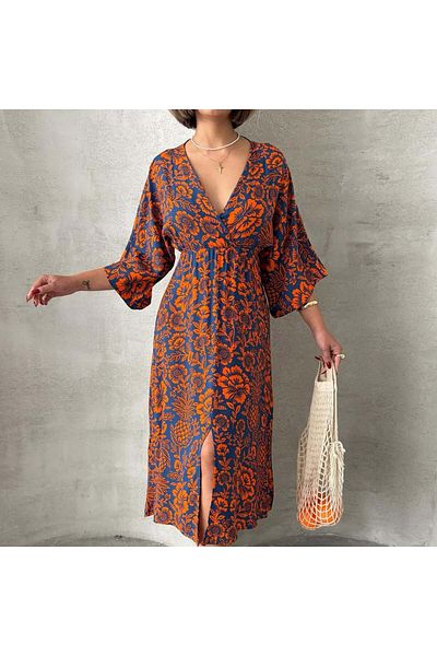 BE CHİC Rochie midi lungă de zi cu zi pentru femei, cu decolteu dublu, cu imprimeu floral, cu talie elastică SG1001-1