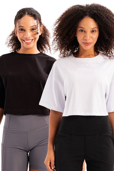 JUSTEVER Pack of 2 100% Cotton Crop Crew Neck Black and White Women's T-Shirt - Maia