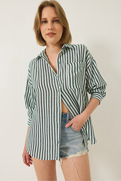 Bianco Lucci Dámská pruhovaná oversized tkaná košile s jednou kapsou 2069 60283203