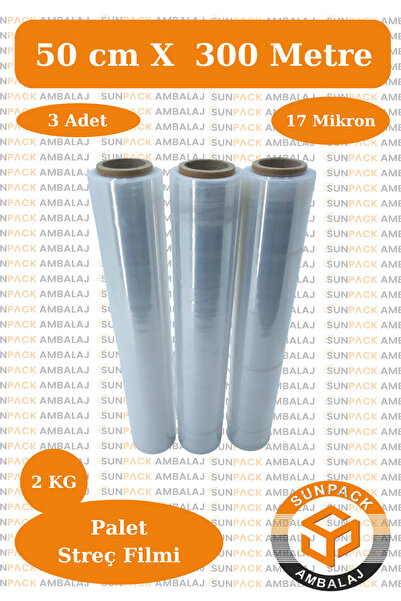 sunpack ambalaj Streç Film 50cm X 300m 3 Adet, Şeffaf, 17 Mikron, 2000 Gr, Da...