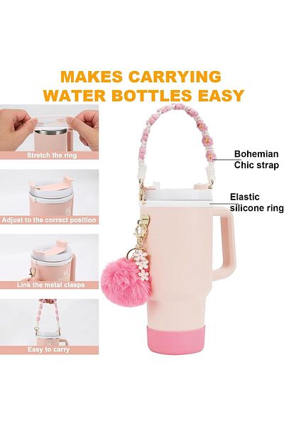 COOYA Cup Accessory Set,with Water Bottle Handle Strap,Cup Sheath,Straw Sleeve,Cup Charms,Pink
