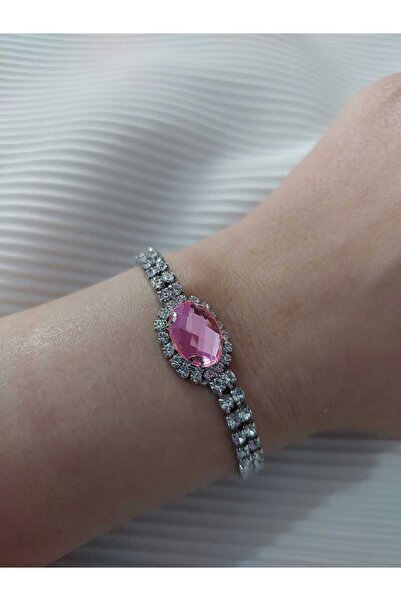 Avcıoğlu Aksesuar اسوارة نسائية حجر واحد بيضاوي موديل زركون كريستال حجر اسوارة مطلية بالفضة