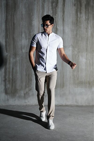 jack carisma Κοντό μανίκι Judge Collar 100% βαμβακερό λινό υφή Πουκάμισο με λεπτή εφαρμογή