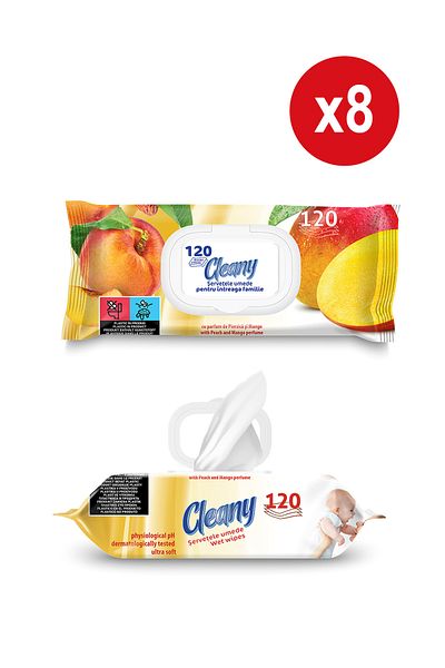 CLEANY WET WIPES WITH PEACH&MANGO PERFUME, 120PCS x 8