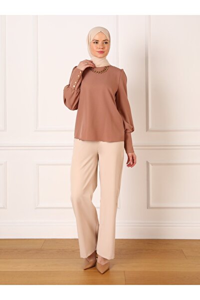 Refka Balloon Sleeve Button Detailed Stylish Blouse - Soil- Refka