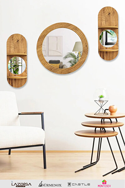 MONTESEV 3 Lü Aynalı Duvar Rafı Seti Yuvarlak Ayna Dekoratif Ahşap Duvar Rafı...