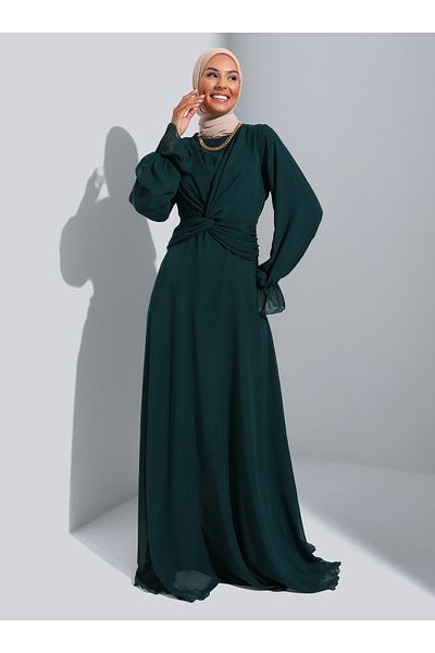 Refka Knot Detailed Chiffon Hijab Evening Dress - Emerald Green -