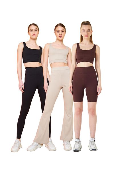 THIFF GYMWEAR طقم بوستير محبوك مرن بياقة مربعة وضلع مكون من 3 قطع