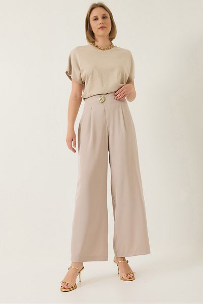 Bianco Lucci Women's High Waist Collar Detailed Accessory Hidden Zipper Loose Classic Trousers 80170 60283198