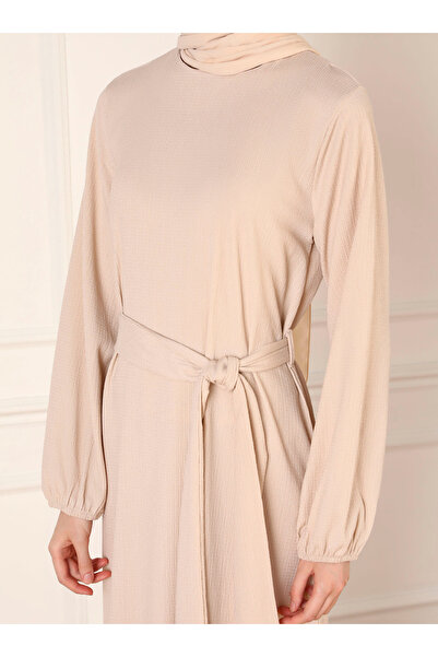 Refka Beige Balloon Sleeve Skirt Flounce Hijab Dress