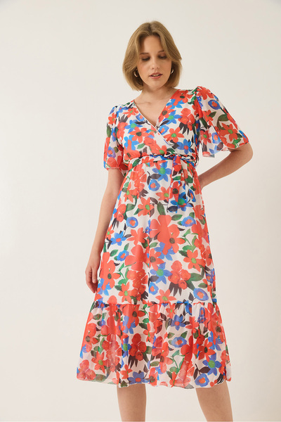 Bianco Lucci Kadın Kruvaze Yaka Beli Lastikli Kuşaklı Astarlı Desenli Şifon Elbise 60283211