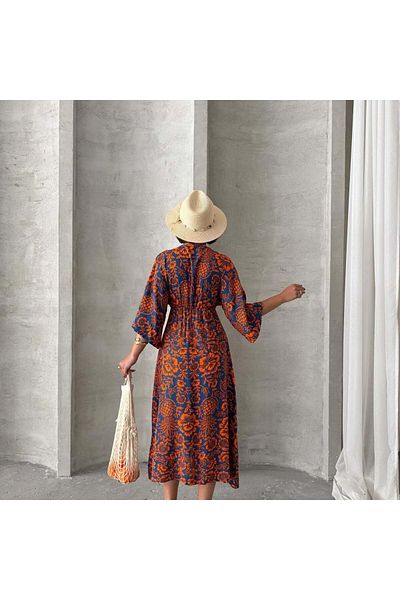 BE CHİC Rochie midi lungă de zi cu zi pentru femei, cu decolteu dublu, cu imprimeu floral, cu talie elastică SG1001-1