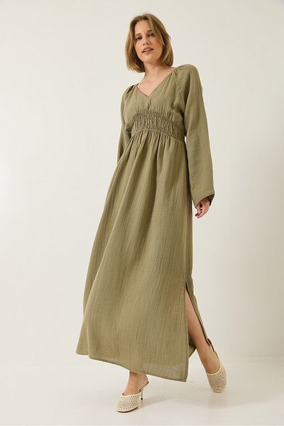 Bianco Lucci Women's V-Neck Waist Gimped Wide Sleeves Slit Detailed Long Cotton Muslin Dress 3016 60283196