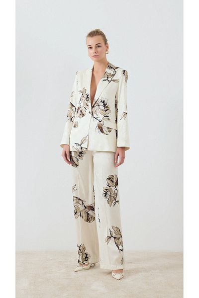 yakestore Floral Patterned Jacquard Fabric Jacket Pants Set