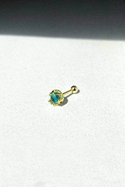 Spossy Silver Jewelry Yeşil Taşlı Yuvarlak Piercing Küpe