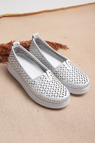 Ayakkabı Vakti Pantofi casual de balerină de damă, perforați, din piele naturală, cu talpă groasă