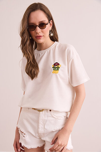 Olalook Γυναικείο μπλουζάκι εκρού LA κεντημένο Boyfriend 2 κλωστών TSH- 19000874