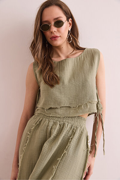 Olalook Women's Khaki Double Layer Dirty Stitching Lace Detailed Muslin Blouse Blz- 19002924