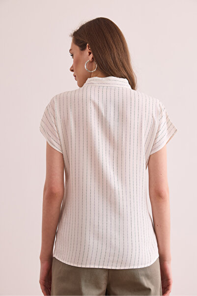 Olalook Πράσινο-Μωβ Χρώμα Ριγέ Γυναικείο Πουκάμισο Νυχτερίδας GML- 19001316