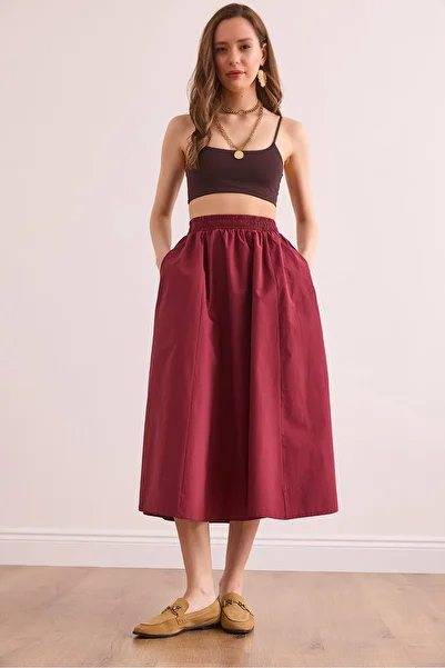 Olalook Women's Burgundy Elastic Waist Parachute Bell Skirt Etk- 19000280