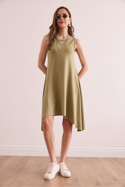 Olalook Women's Khaki Soft Textured Sleeveless Bell Dress Elb- 19002376