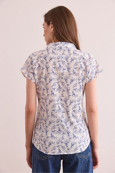 Olalook Γυναικείο μικροσκοπικό λουλούδι Navy Blue Flared Linen Πουκάμισο GML- 19001317