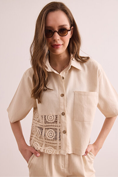 Olalook Women's Ecru Single Pocket Guipure Detailed Cotton Gabardine Shirt Gml- 19001318