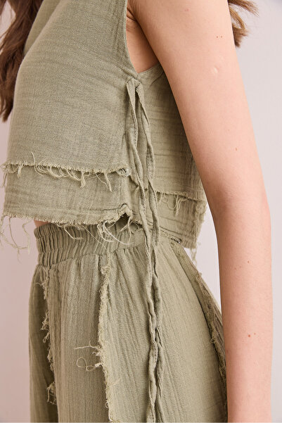 Olalook Women's Khaki Double Layer Dirty Stitching Lace Detailed Muslin Blouse Blz- 19002924