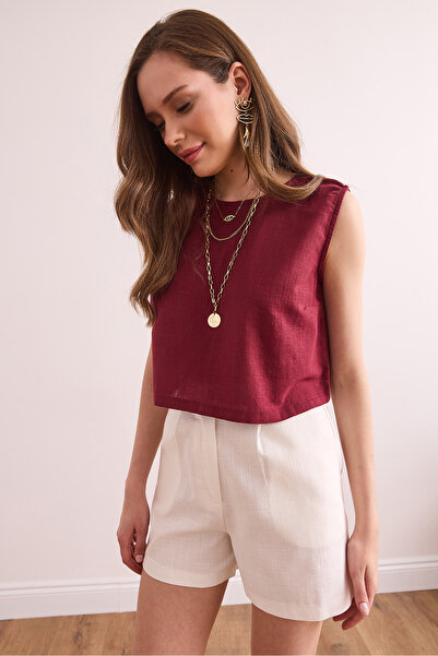 Olalook Women's Burgundy Flam Linen Crop Blouse Blz- 19002925
