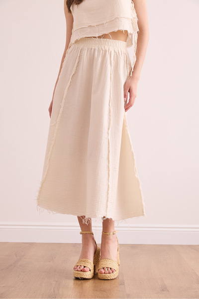 Olalook Women's Ecru Elastic Waist Dirty Stitching Muslin Skirt Etk- 19000310