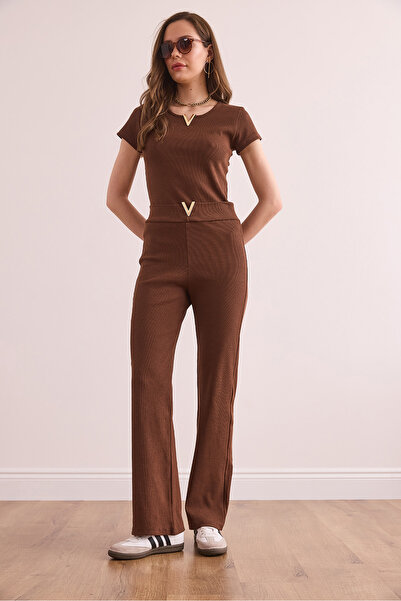Olalook Women's Bitter Brown V Detailed Bottom Top Cotton Ribbed Suit Tkm- 19000372