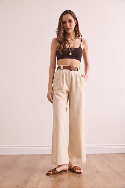 Olalook Kadın Ekru Kemerli Cepli Sırtı Lastikli Gabardin Palazzo Pantolon PNT-19000327