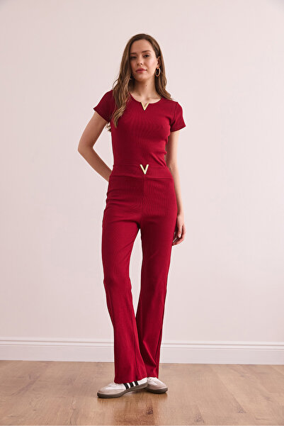 Olalook Women's Burgundy V Detailed Bottom Top Cotton Corded Suit Tkm- 19000372
