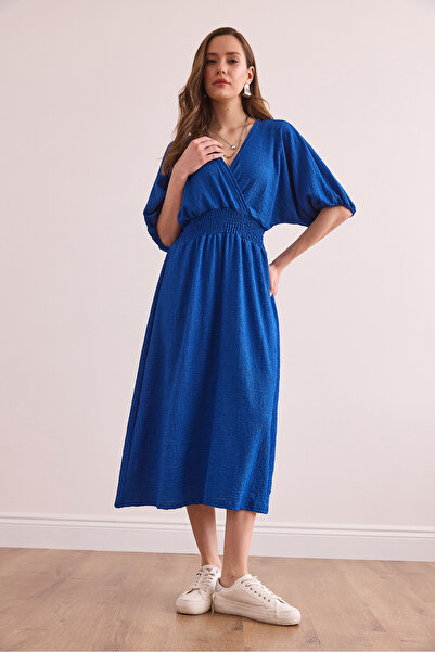 Olalook Női sima Saks kék derék Gipeli dupla mellű galléros midi ruha ELB- 19002100