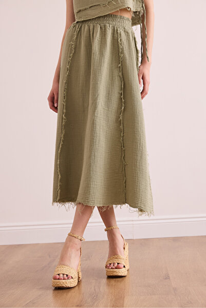 Olalook Women's Khaki Elastic Waist Dirty Stitching Muslin Skirt Etk- 19000310