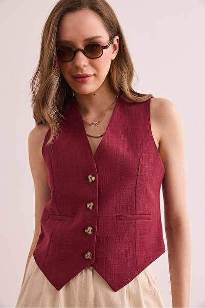 Olalook Women's Burgundy Lined Linen Vest Ylk- 19000062