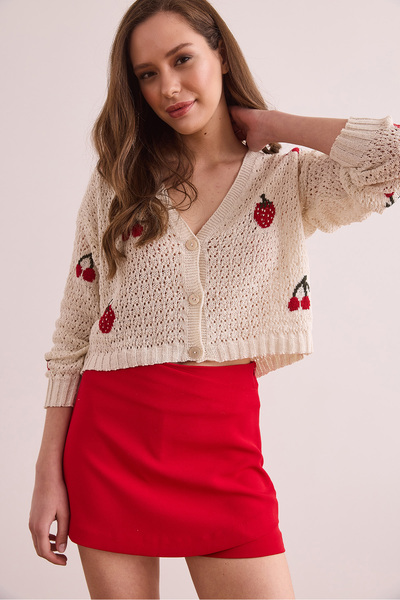 Olalook Women's Ecru Strawberry Cherry Motif Openwork Crop Cardigan Hrk- 19000359