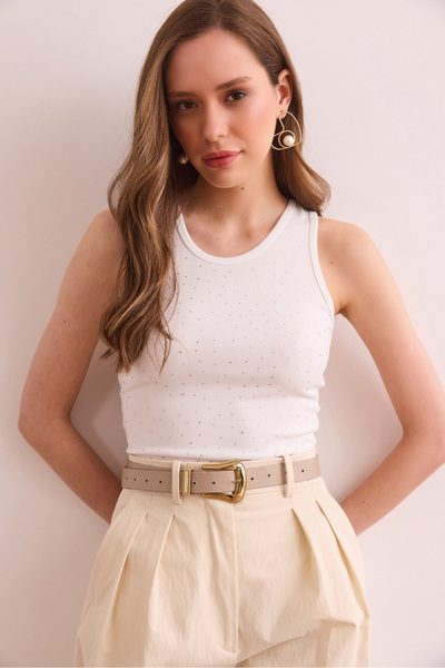 Olalook Γυναικεία λευκή στάμπα πέτρα με λεπτή ραβδωτή μπλούζα BLZ- 19002922