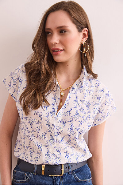 Olalook Women's Tiny Flower Navy Blue Flared Linen Bat Shirt Gml- 19001317